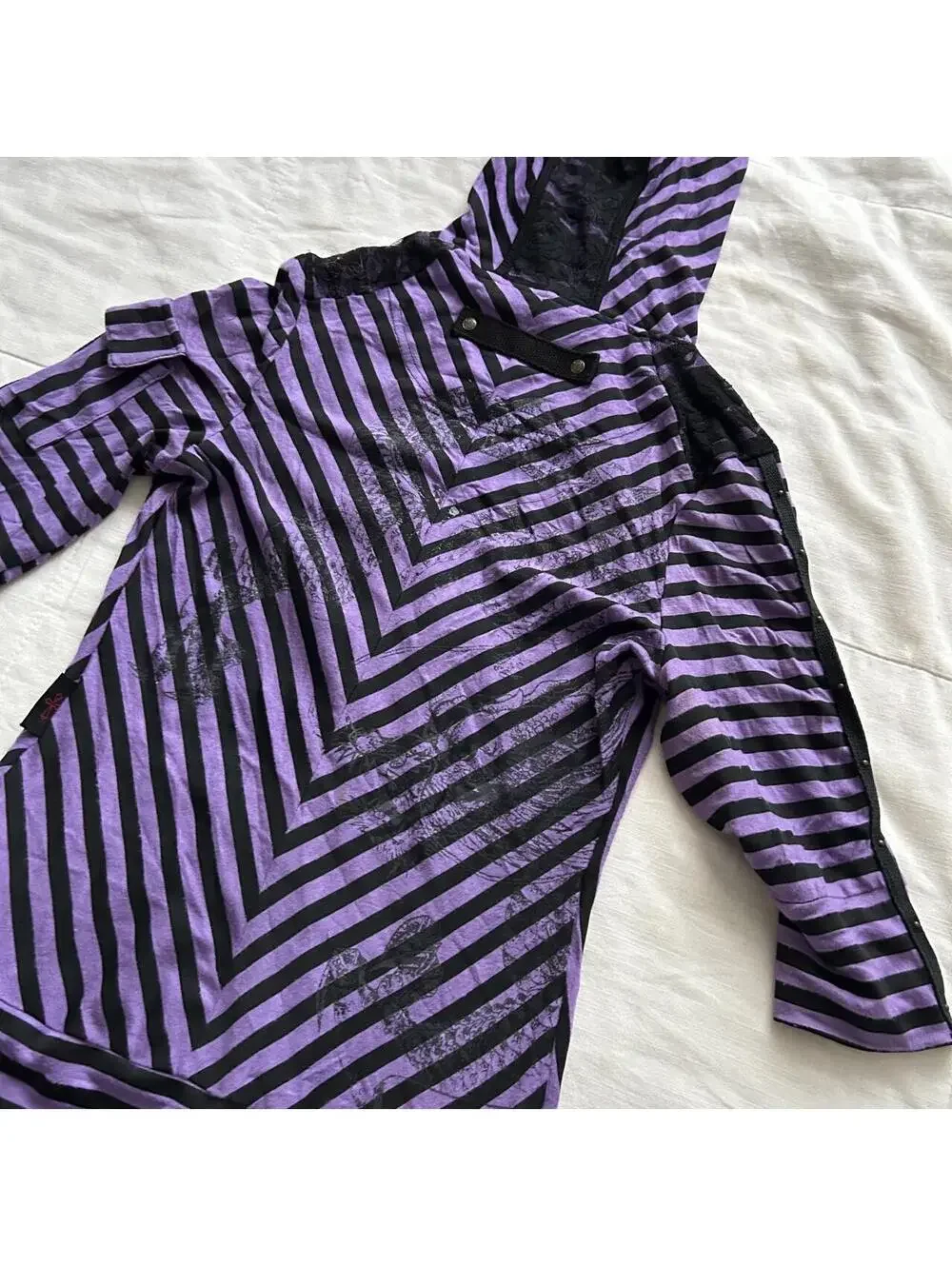 Ozz On Purple Black Striped Hooded Tunic Top Lace Zip Size S Japan